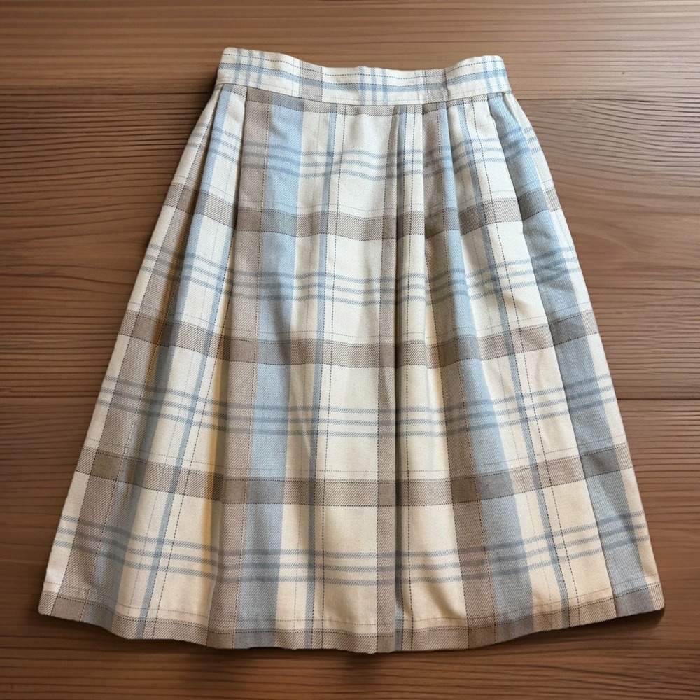 Vintage Ms. Jennifer Canada Size 14 Plaid Cream Brown Blue Wool Women's Skirt